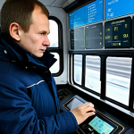 Inside the Cabin**

A Russian train driver in the ЭД4М electric train cabin, focusing on the analog dashboard transitioning to a digital display. Show the climate control system, emphasizing adjustments for winter. Include safety systems like АЛСН. Perfect anatomy, well-formed hands, professional attire, fully clothed, safe for work, professional, appropriate content.

**
