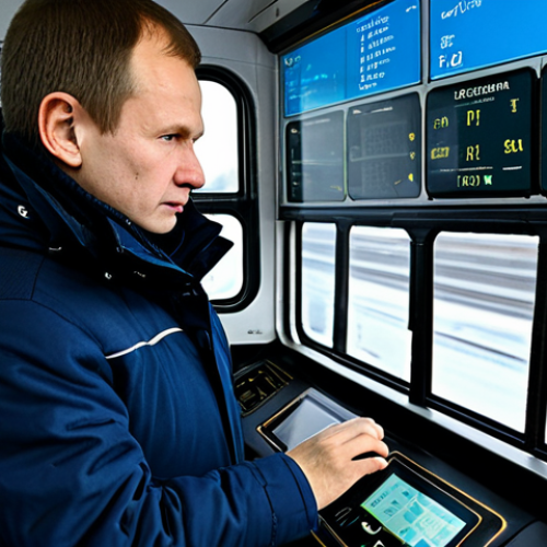 Inside the Cabin**

A Russian train driver in the ЭД4М electric train cabin, focusing on the analog dashboard transitioning to a digital display. Show the climate control system, emphasizing adjustments for winter. Include safety systems like АЛСН. Perfect anatomy, well-formed hands, professional attire, fully clothed, safe for work, professional, appropriate content.

**