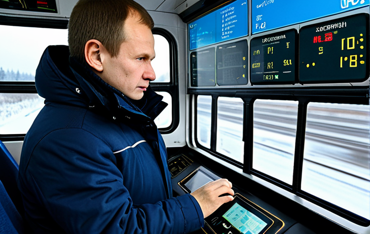 Inside the Cabin**

A Russian train driver in the ЭД4М electric train cabin, focusing on the analog dashboard transitioning to a digital display. Show the climate control system, emphasizing adjustments for winter. Include safety systems like АЛСН. Perfect anatomy, well-formed hands, professional attire, fully clothed, safe for work, professional, appropriate content.

**