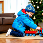 **

A cheerful young boy, around 6 years old, fully clothed in a bright blue winter jacket, jeans, and a knitted hat, is playing with a "Thomas the Tank Engine" train set on a wooden floor in a cozy living room with a Christmas tree in the background, appropriate content, safe for work, perfect anatomy, natural proportions, well-formed hands, proper finger count, family-friendly scene, warm indoor lighting, professional photography, high quality, modest attire.

**