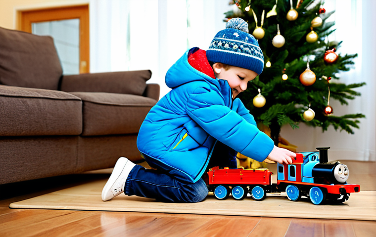 **

A cheerful young boy, around 6 years old, fully clothed in a bright blue winter jacket, jeans, and a knitted hat, is playing with a "Thomas the Tank Engine" train set on a wooden floor in a cozy living room with a Christmas tree in the background, appropriate content, safe for work, perfect anatomy, natural proportions, well-formed hands, proper finger count, family-friendly scene, warm indoor lighting, professional photography, high quality, modest attire.

**
