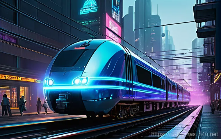 토마스와 친구들 창작 팬아트 - **Prompt 1: Cyberpunk Thomas in a Futuristic Cityscape**
"A sleek, cyberpunk-styled train, reima...