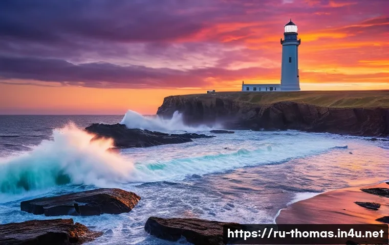 소도어 섬의 주요 장소들 - **Prompt:** A majestic, ancient lighthouse stands tall on Knapford Cliff, its powerful beam cutting ...