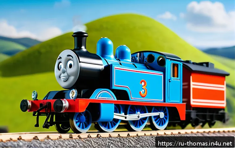 토마스와 친구들 캐릭터별 모델 비교 - A bright blue steam locomotive inspired by Thomas the Tank Engine, featuring vibrant red stripes alo...