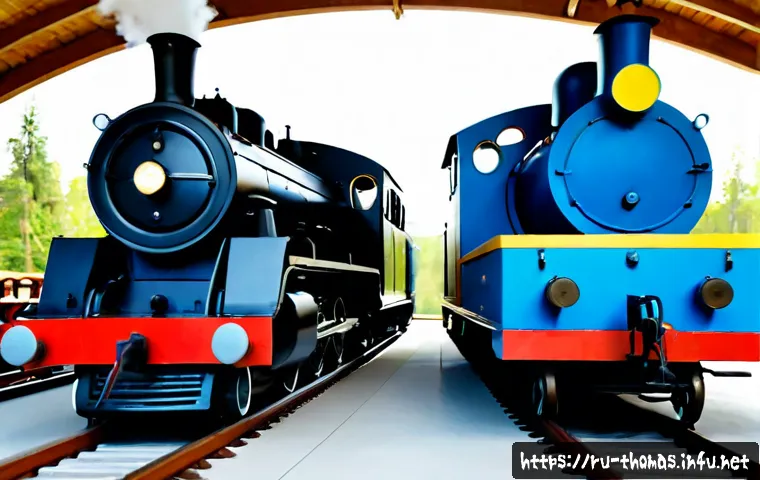 Home 15 토마스와 친구들 애니메이션 변천사 - Photorealistic side-by-side comparison of three friendly blue steam locomotives representing animati...